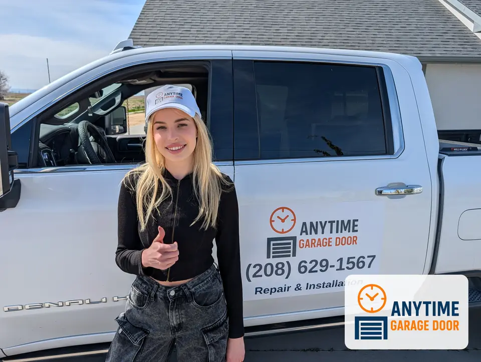 Woman in an Anytime Garage Door cap giving a thumbs-up beside a white pickup with the company logo and phone number
